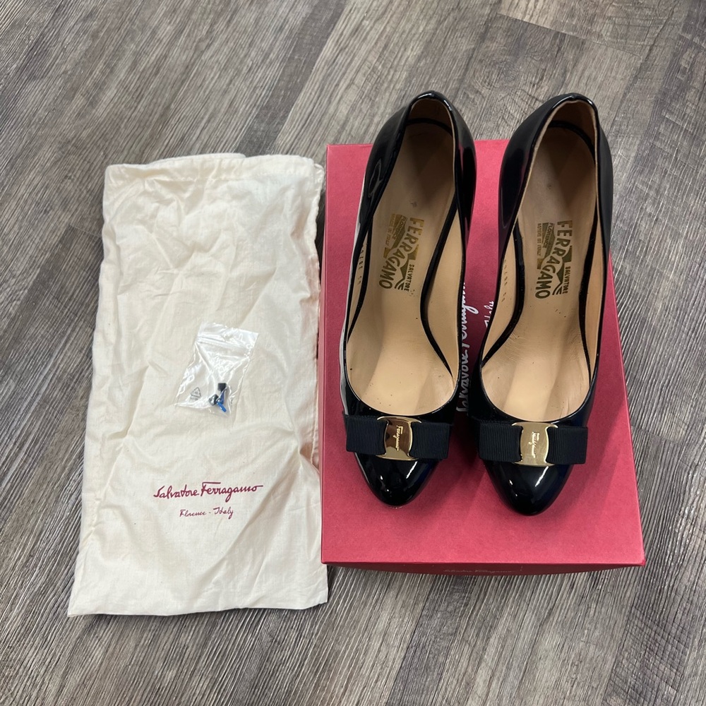 Salvatore Ferragamo Black Patent Leather Bow Pump